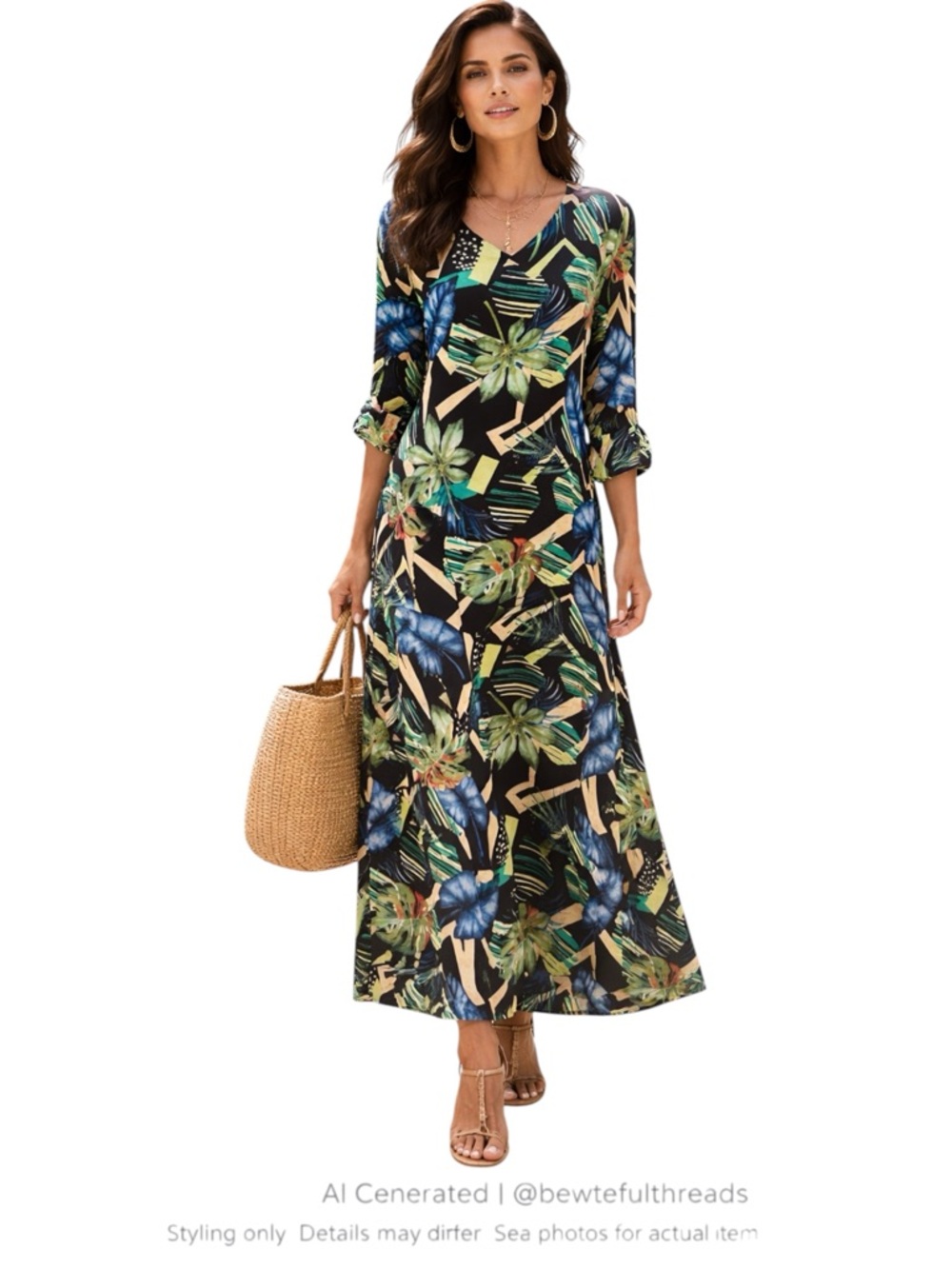 Tropical Resort Maxi Dress Palm Print Cruise Vacation Statement Pockets